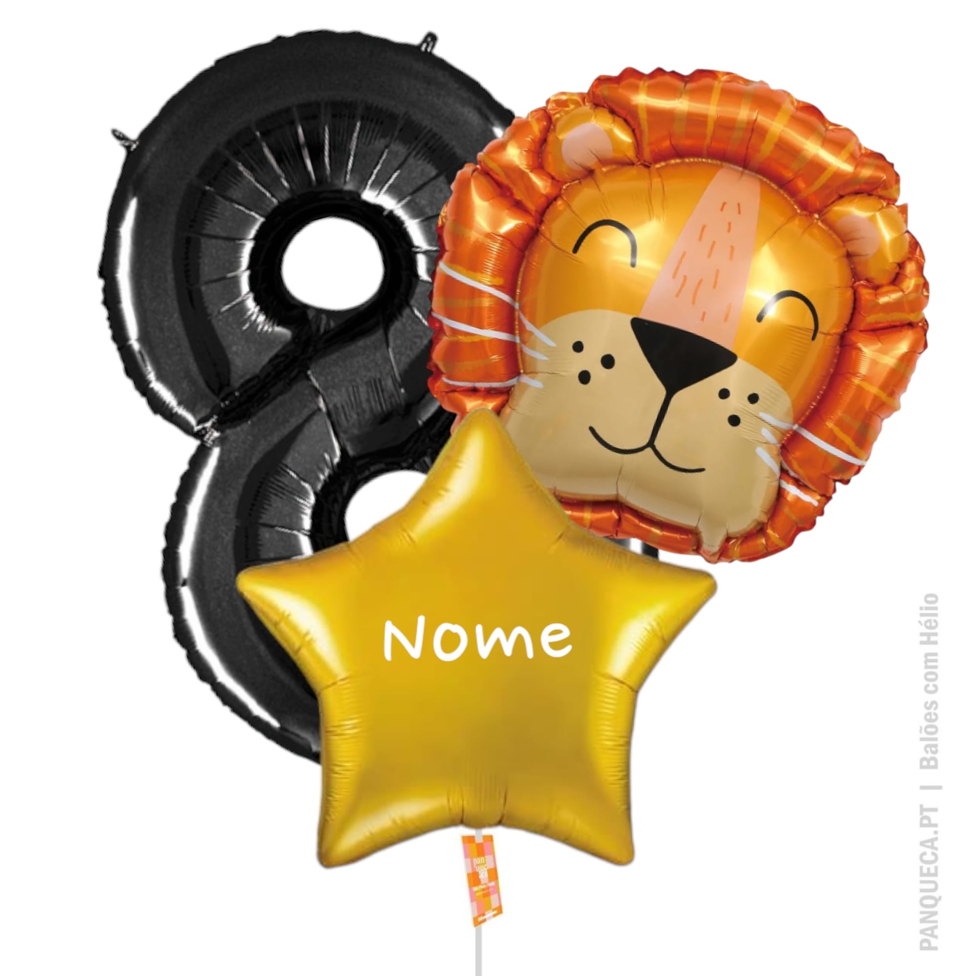 Balões de festa com formato de número 8, estrela dourada com texto 'Nome' e rosto de leão
