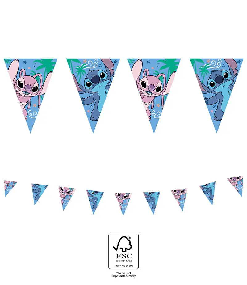 Bandeirola triangular azul e rosa com personagens Stitch e Angel, decorativa para festa.