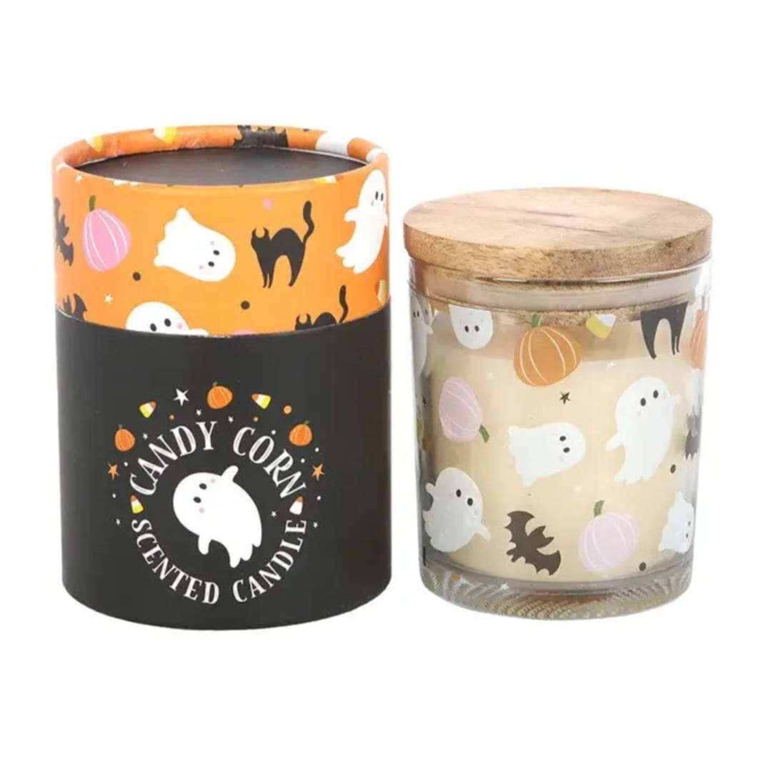 Vela perfumada de Halloween em vidro com tampa de madeira e embalagem decorada