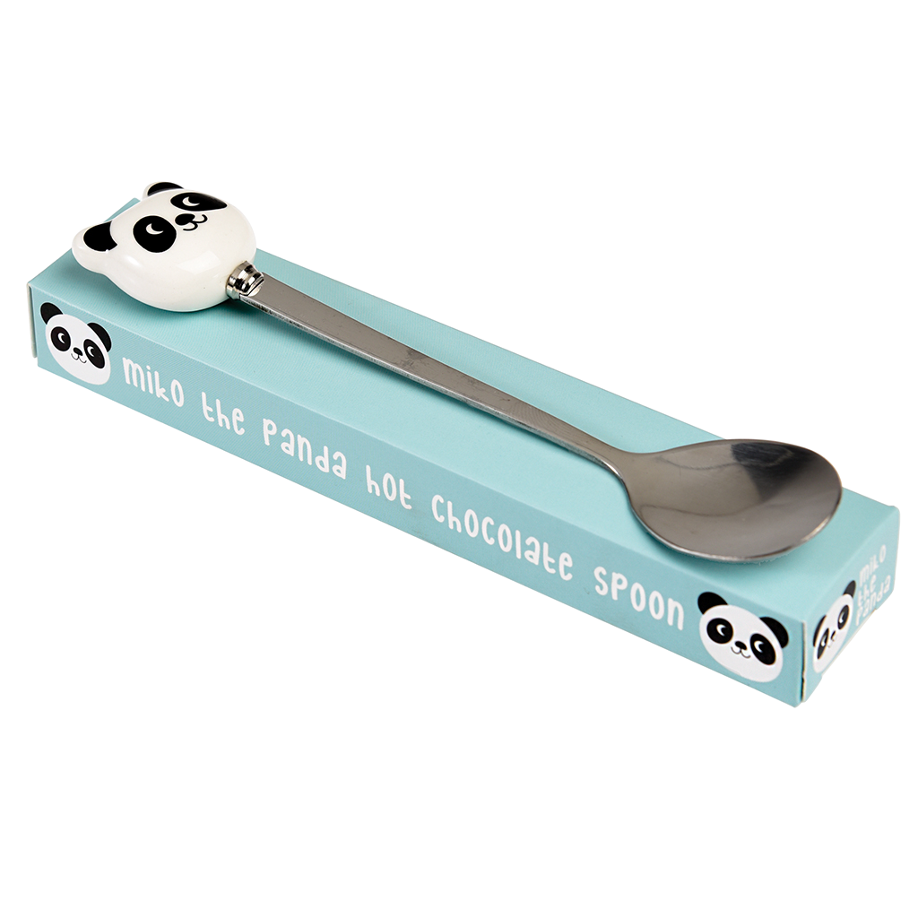 Colher metálica com cabeça de panda na embalagem azul