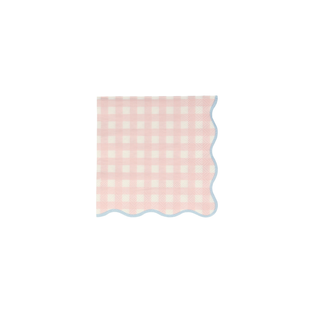 Guardanapo de papel com padrão de quadrados cor-de-rosa e branco e borda ondulada azul