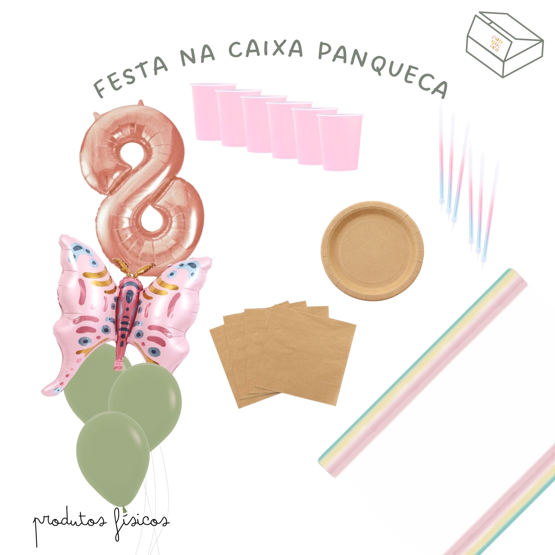 Conjunto de decoração para festa com balões, copos, pratos, guardanapos, velas e tubos coloridos.