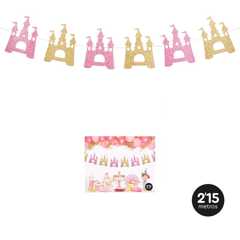 Guirlanda decorativa com castelos cor-de-rosa e dourados para festas
