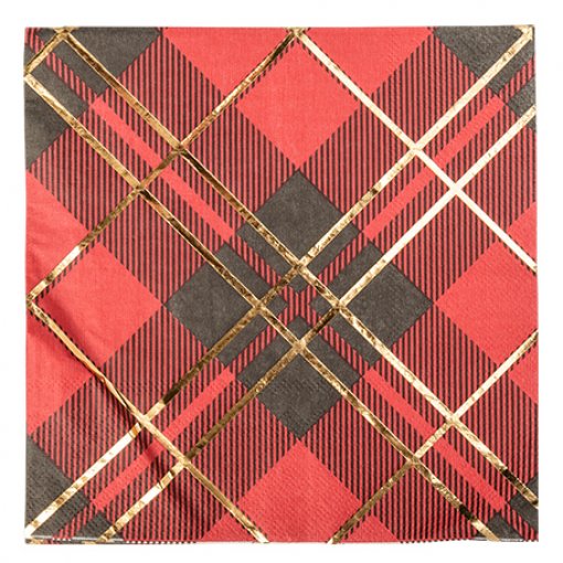 Guardanapo de papel xadrez vermelho e cinza com linhas douradas