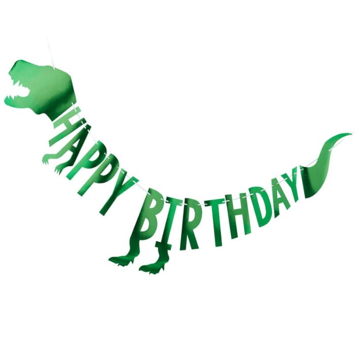 Guirlanda verde em forma de dinossauro com texto HAPPY BIRTHDAY