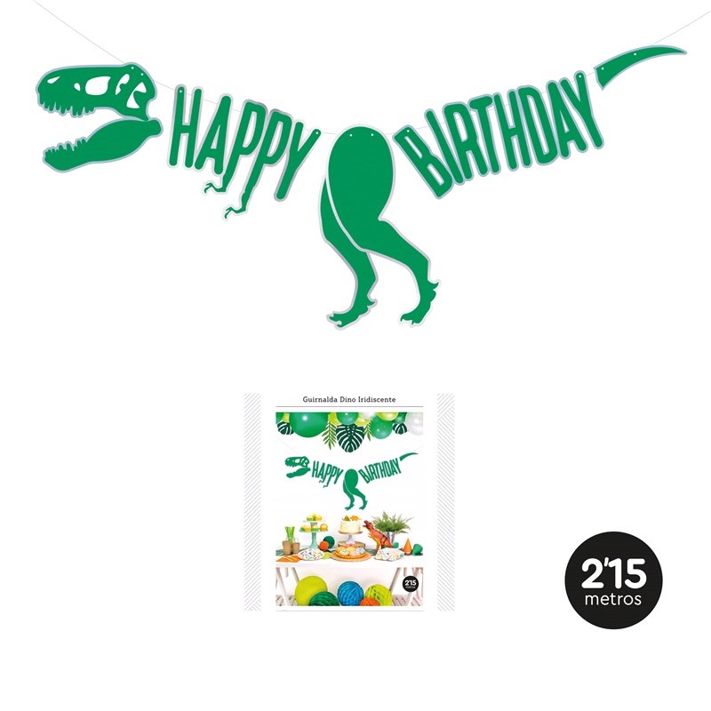 Guirlanda de festa verde em forma de dinossauro com texto Happy Birthday