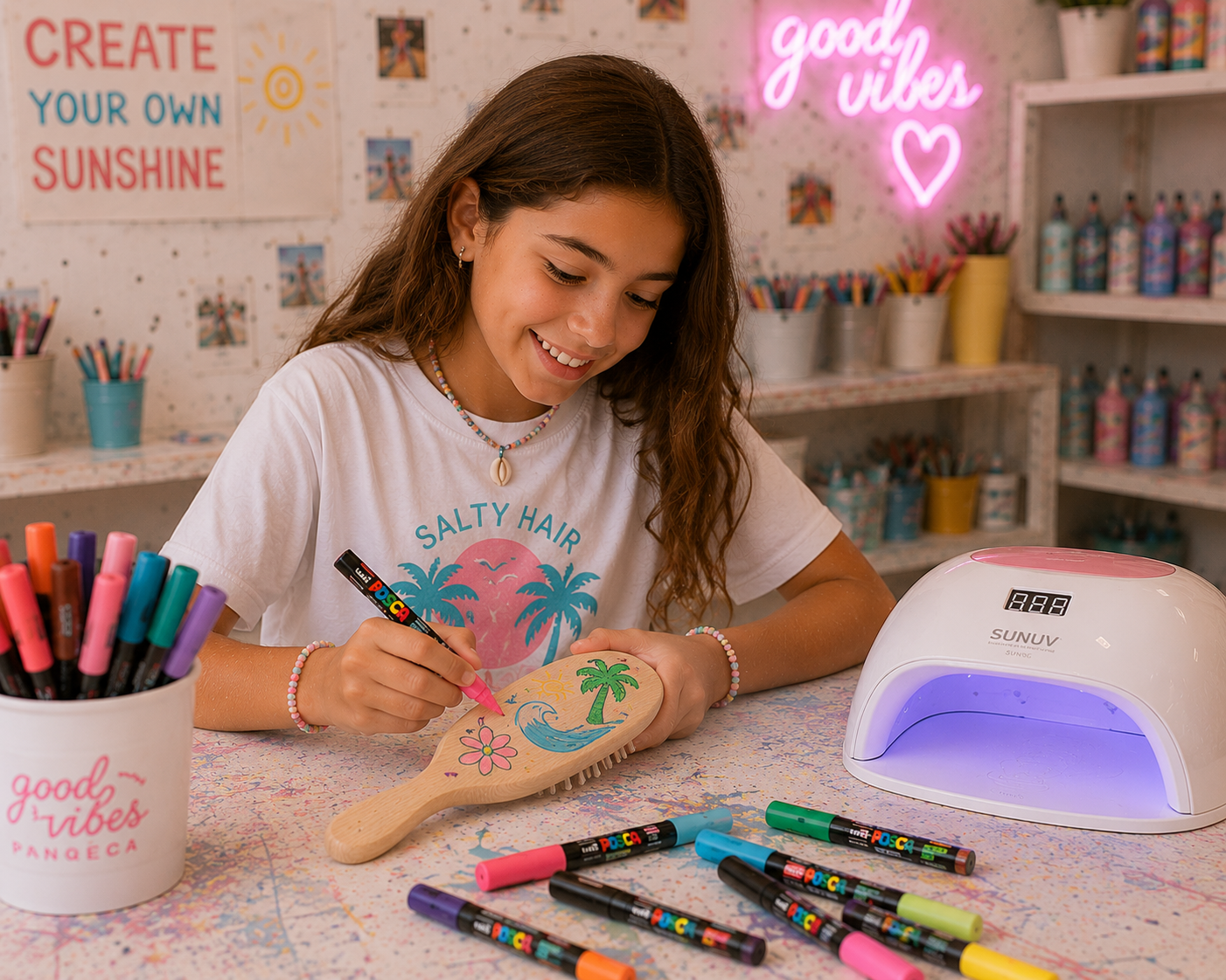 Miúda a pintar escova de madeira com marcadores POSCA em ambiente colorido com decoração e letreiros