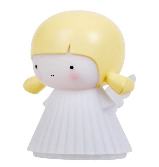 Figura decorativa infantil em plástico com vestido branco e cabelo amarelo