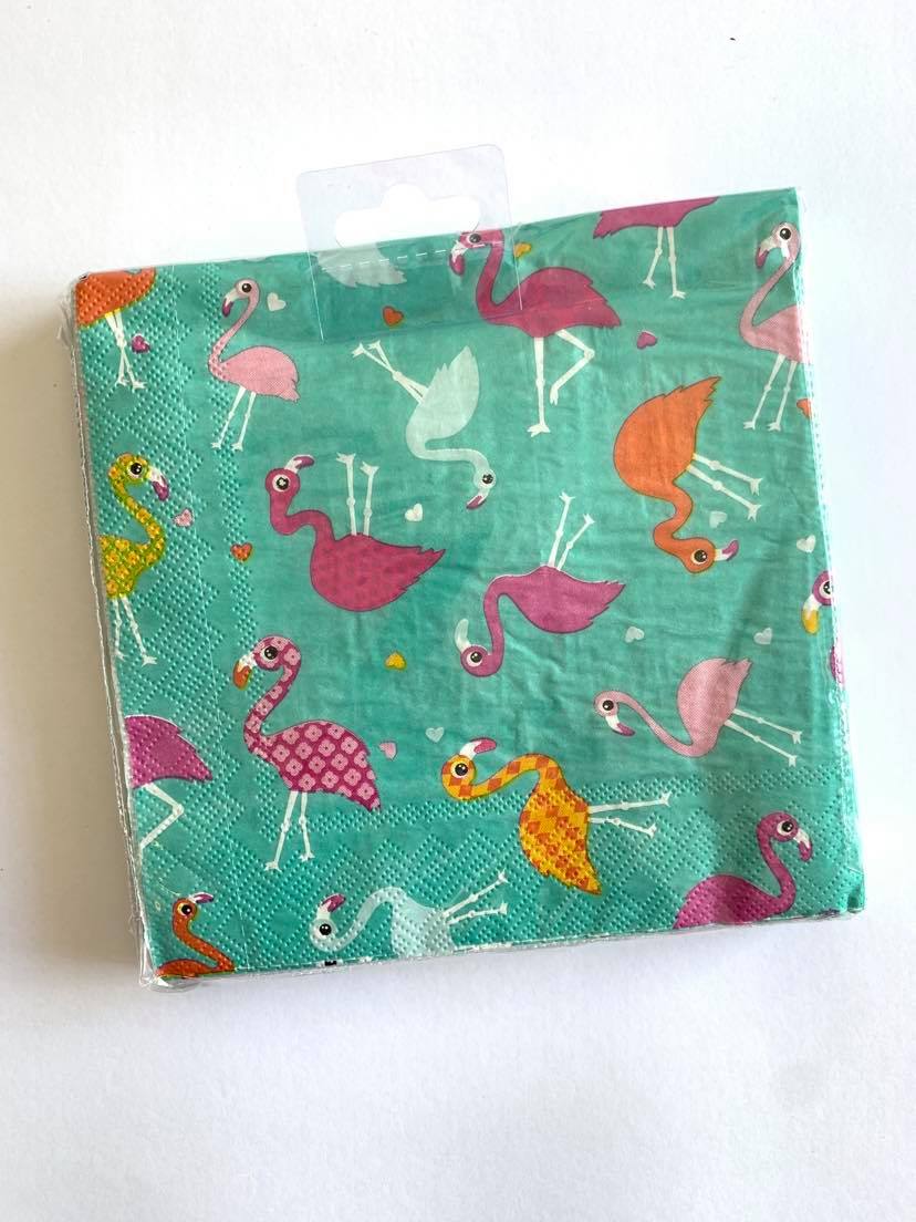 Guardanapo de papel azul-turquesa com flamingos coloridos
