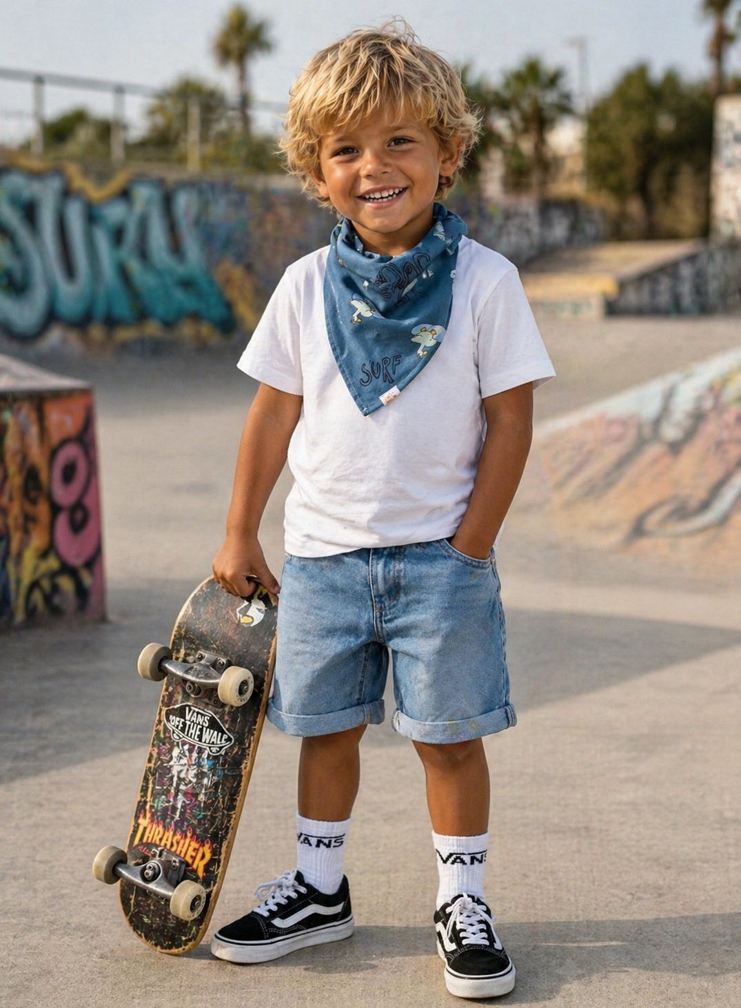 Menino com t-shirt branca, calções de ganga, bandana azul, meias e sapatilhas Vans, segurando skate no parque de skate grafitado