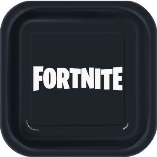 Prato quadrado preto com o logotipo FORTNITE branco no centro