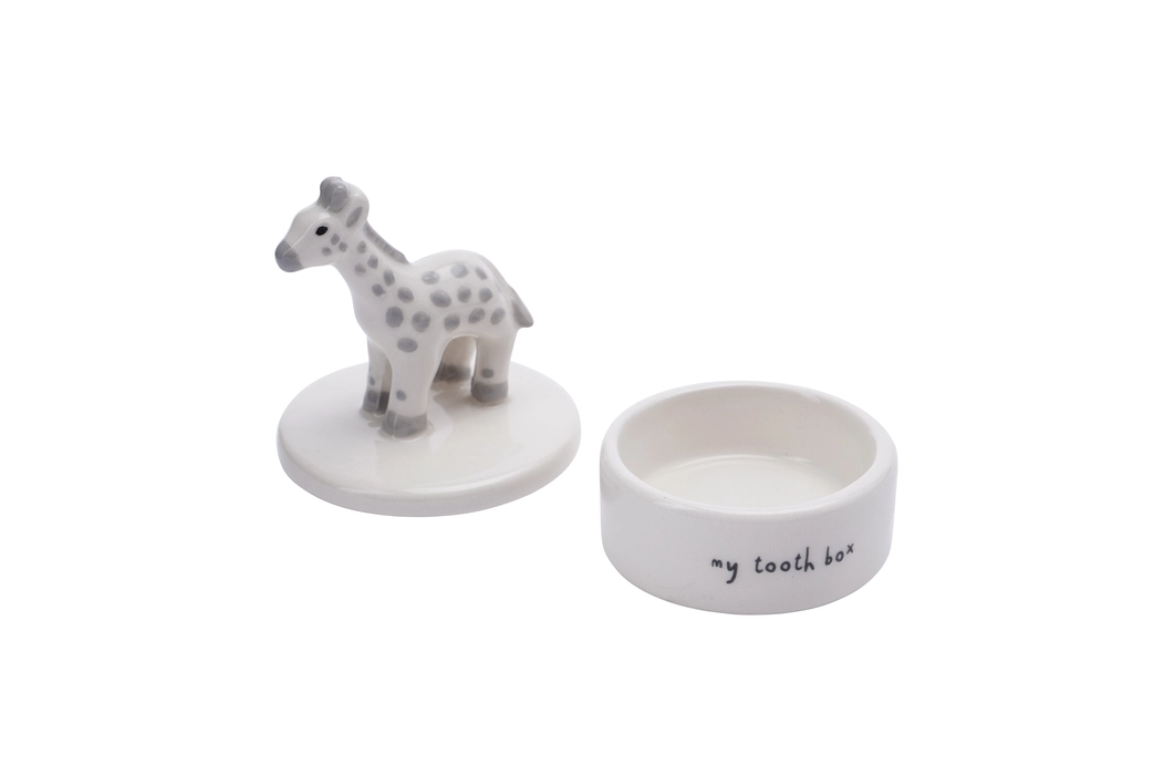 Conjunto cerâmico de suporte com girafa e tigela com texto 'my tooth ho'