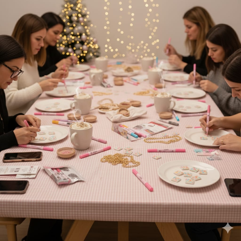 Mesa com toalha rosa e branco, bolachas decoradas, canetas cor de rosa, chávenas brancas e árvore de Natal ao fundo