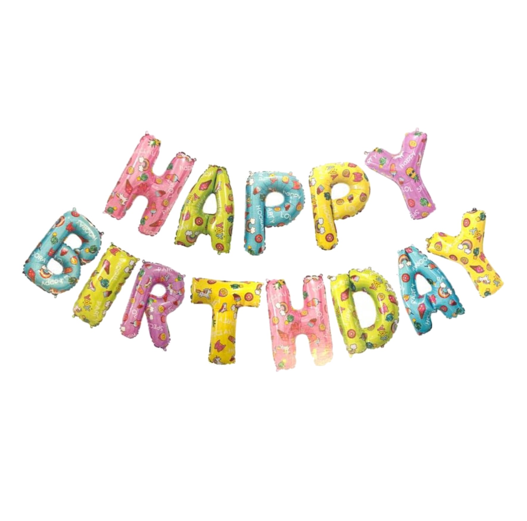 Balões em formato de letras coloridas com a frase HAPPY BIRTHDAY