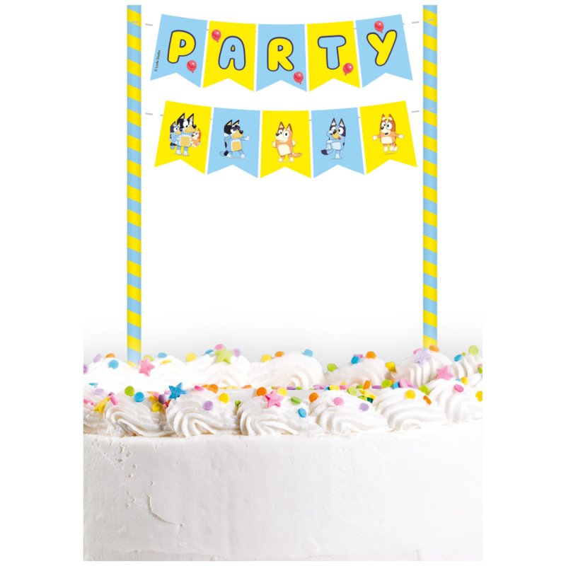 Topo de bolo PART com bandeirolas amarelas e azuis e granulados coloridos