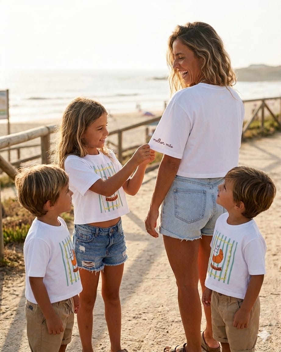 Mulher e três crianças com camisolas brancas, uma com texto melhor mãe na manga, na praia ao pôr do sol.