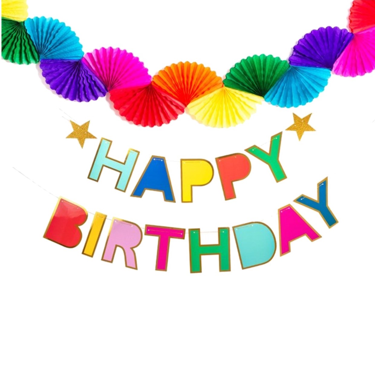 Decoração colorida de aniversário com letras HAPPY BIRTHDAY e bandeirolas de leques coloridos.