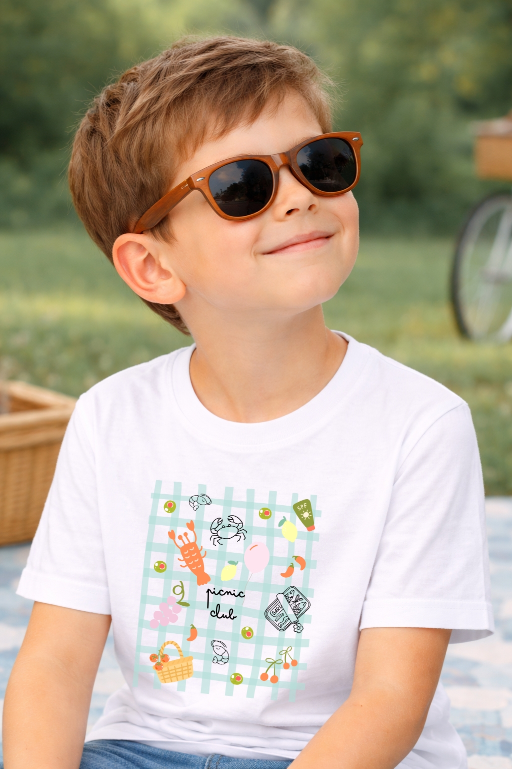 Camiseta branca com padrão quadriculado e ilustrações de animais marinhos e frutas usada por uma criança com óculos de sol