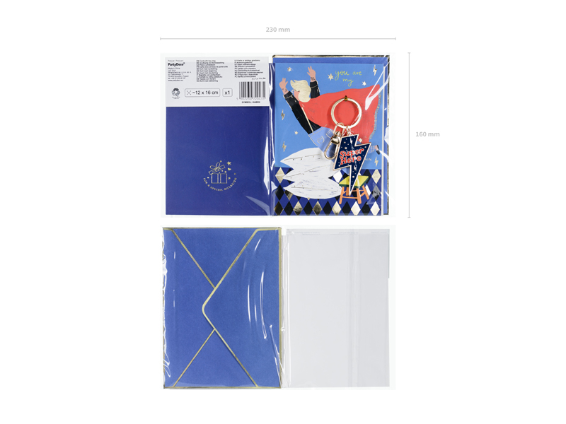 Conjunto de papelaria com envelope azul, cartão ilustrado e chaveiro em embalagem transparente