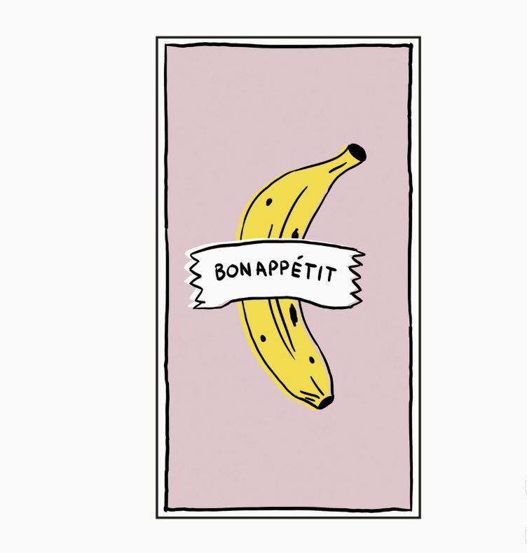 Ilustração de uma banana amarela com faixa branca e texto BON APPÉTIT sobre fundo rosa