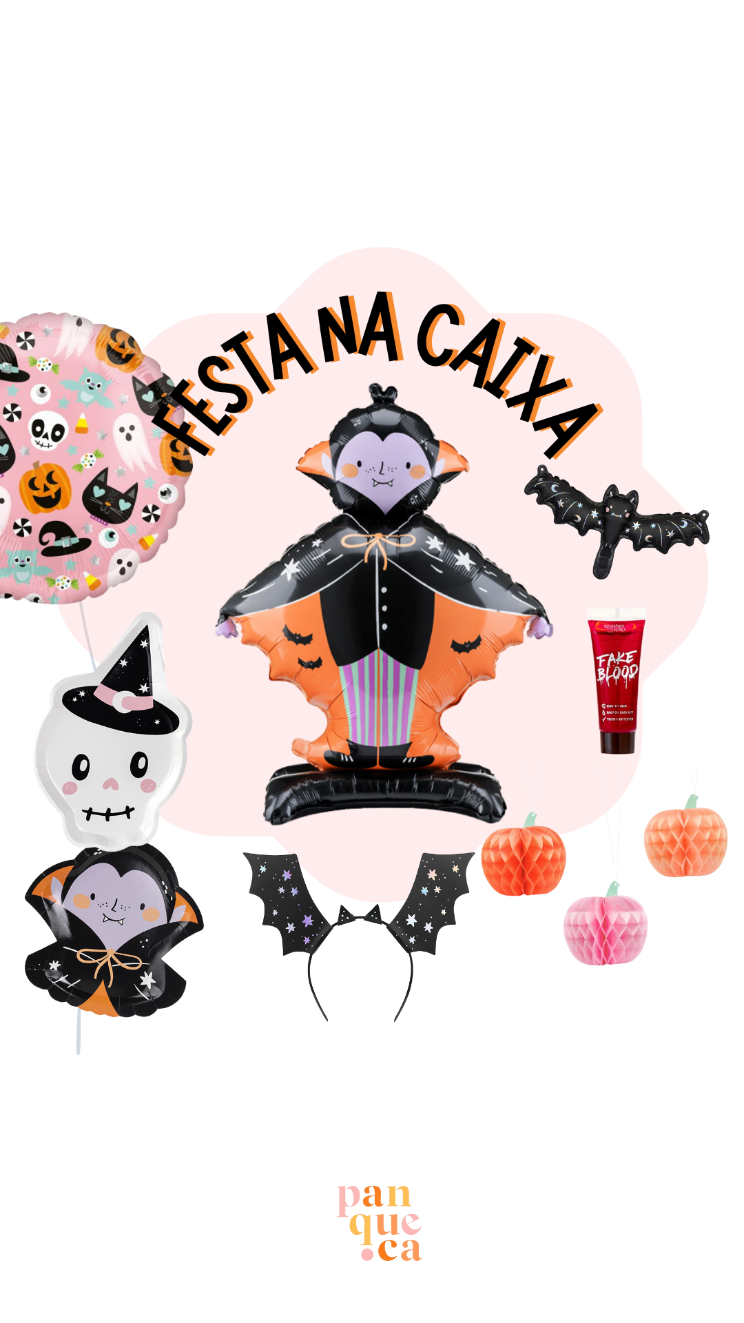 Balões de Halloween variados com tema vampiro, caveira e morcego e texto FESTA NA CAIXA.