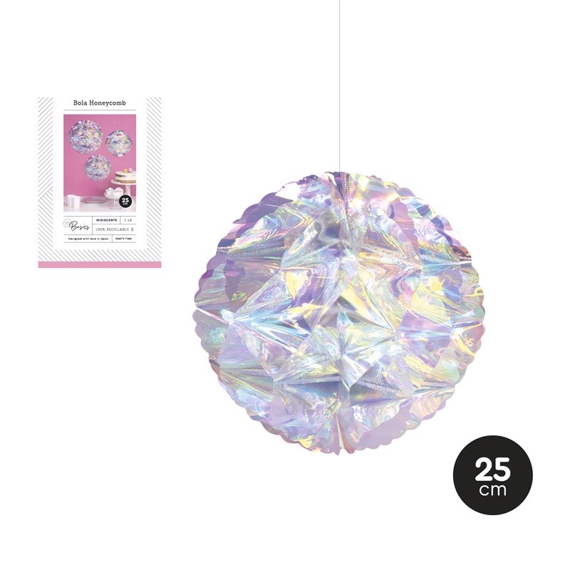 Bola decorativa prateada holográfica de 25 cm com embalagem ao lado
