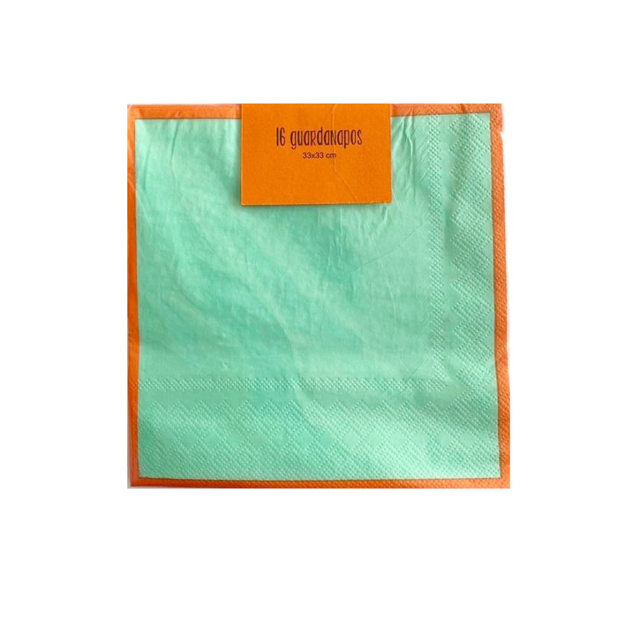 Guardanapo de papel verde água com borda laranja e etiqueta laranja