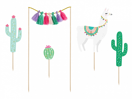 Toppers para bolos de cactos, lhama e pompons coloridos