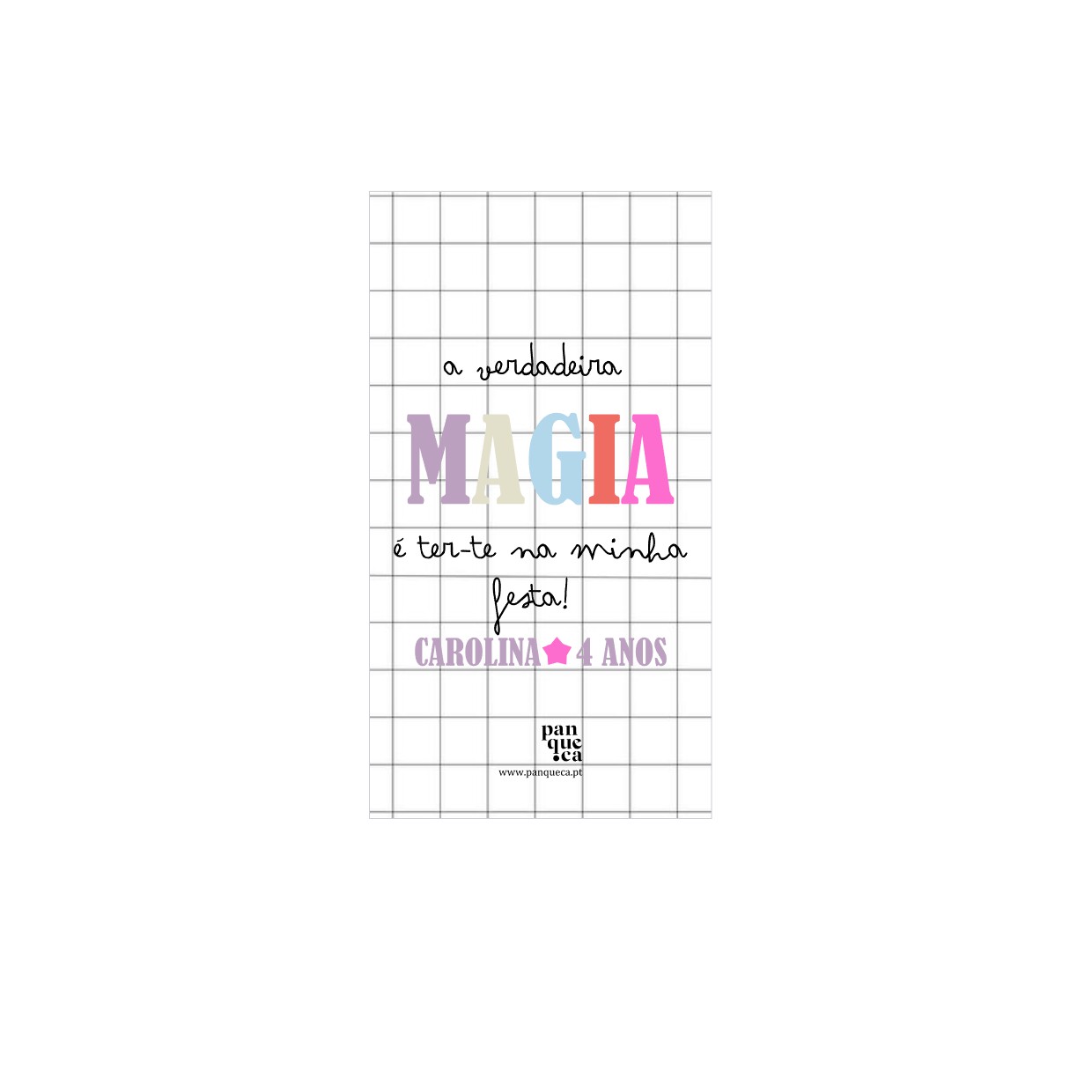 Convite de festa com texto colorido e fundo quadriculado branco