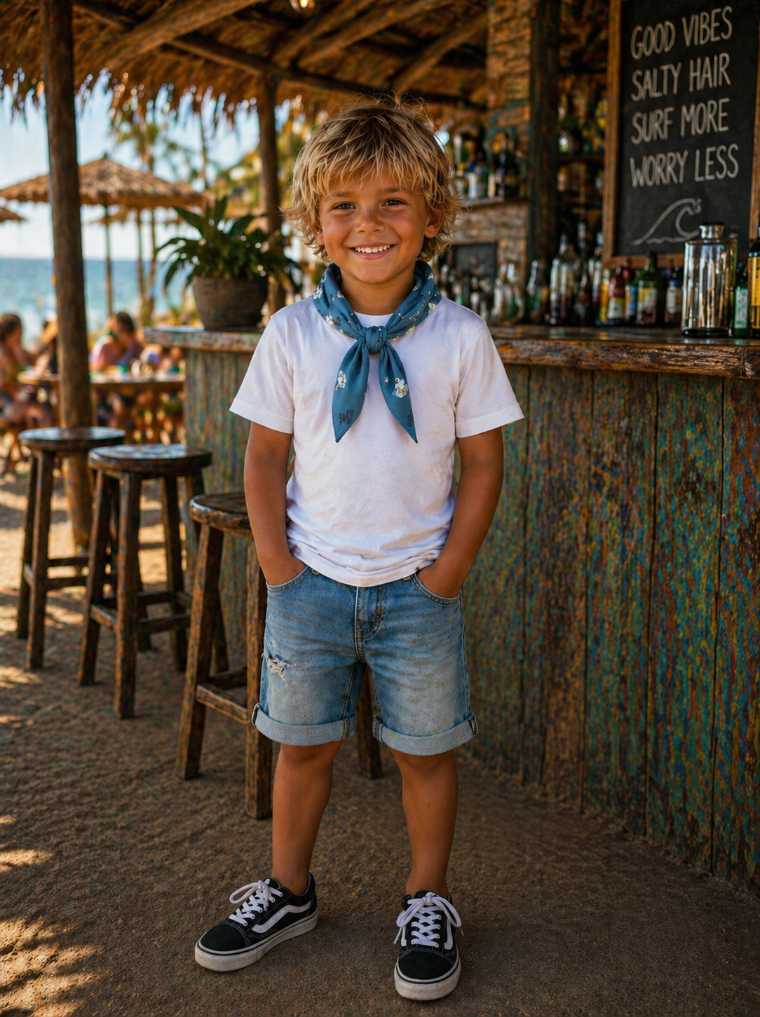 Criança com roupa casual em bar de praia