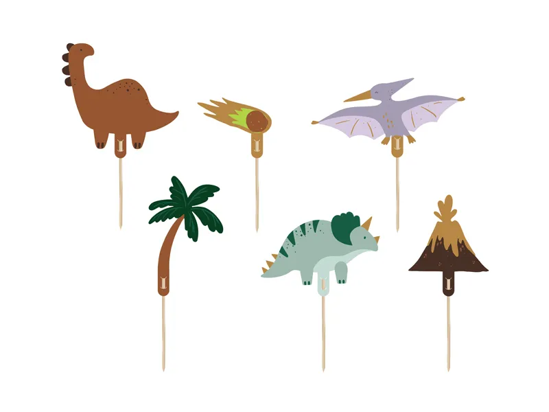 Palitos decorativos com temas de dinossauros e natureza
