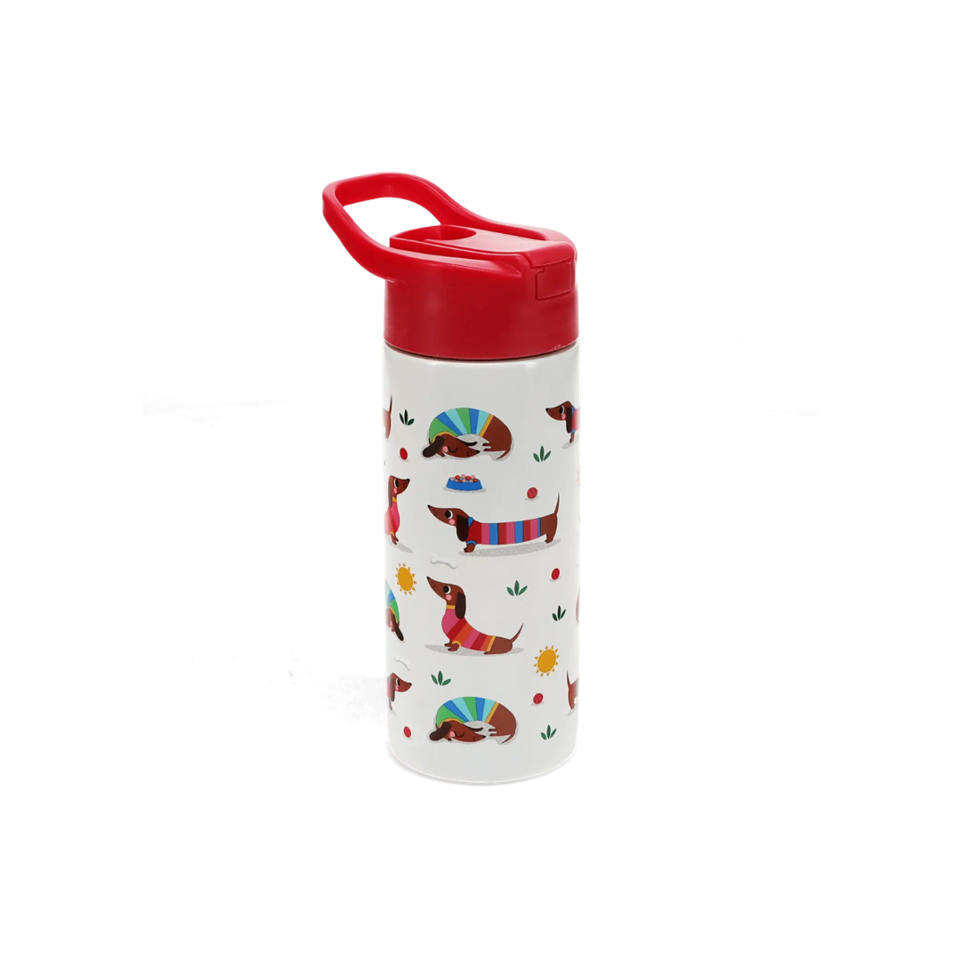 Garrafa térmica branca com tampa vermelha e estampado de cães dachshund coloridos.