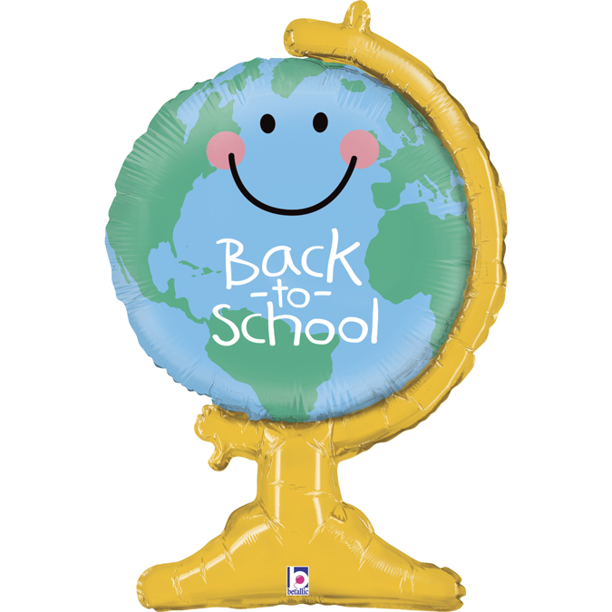 Balão metálico em forma de globo terrestre com rosto e texto Back to School
