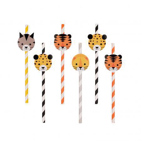 Palhinhas de papel coloridas com cabeças de animais selvagens em cima