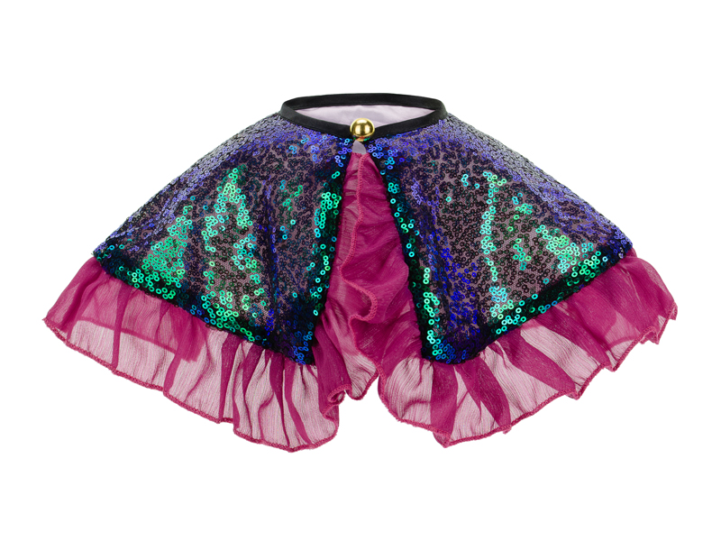 Capa de festa com lantejoulas azul e verde e folhos rosa