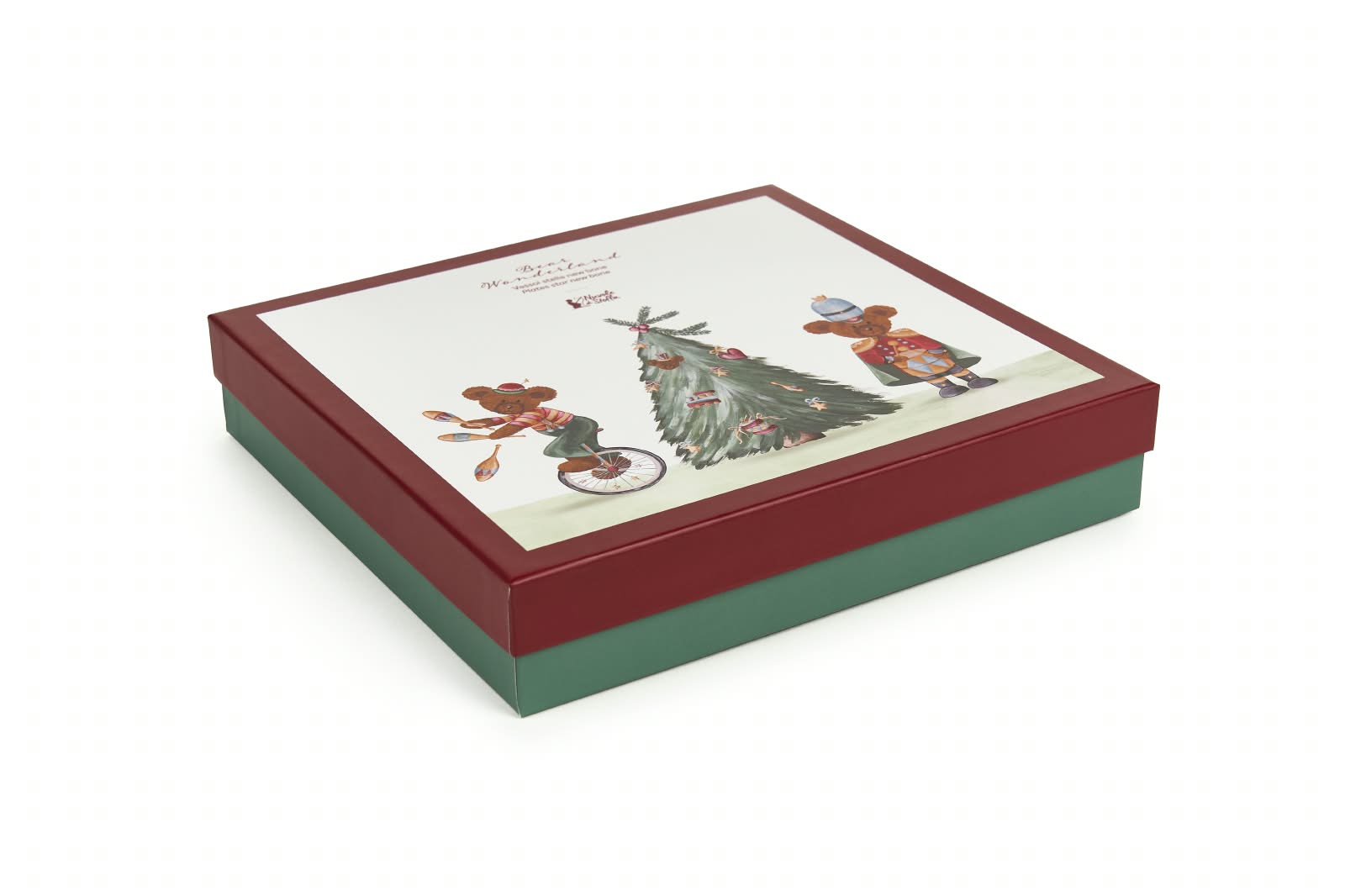 Caixa de presente com ilustração natalícia de ursos e árvore de Natal