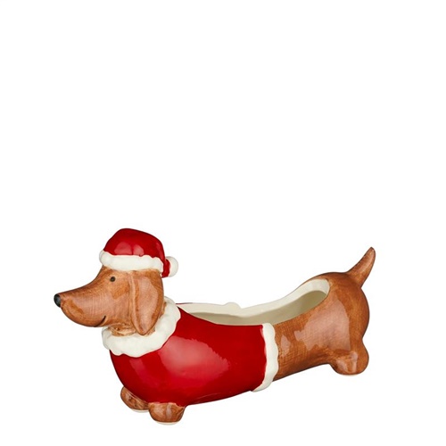 Figura decorativa de cão dachshund com equipamento de Pai Natal
