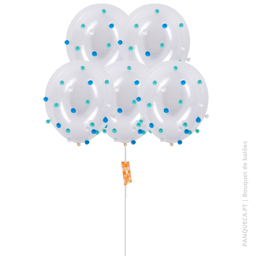 Balões transparentes com bolinhas azuis e turquesa em suporte branco