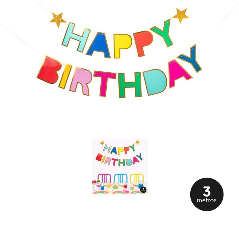 Decoração de festa com letras coloridas a dizer HAPPY BIRTHDAY