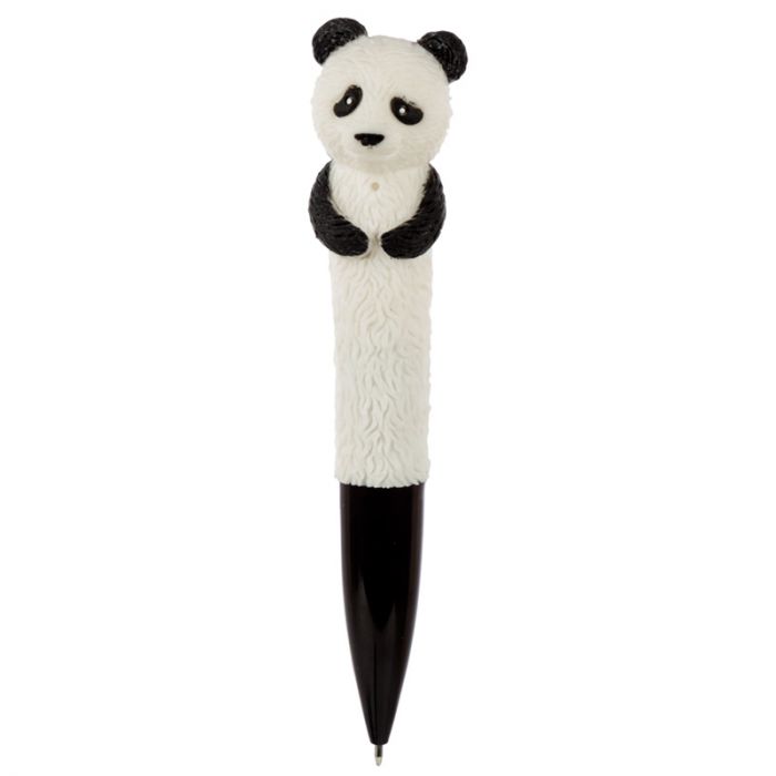 Caneta com peluche de panda preto e branco