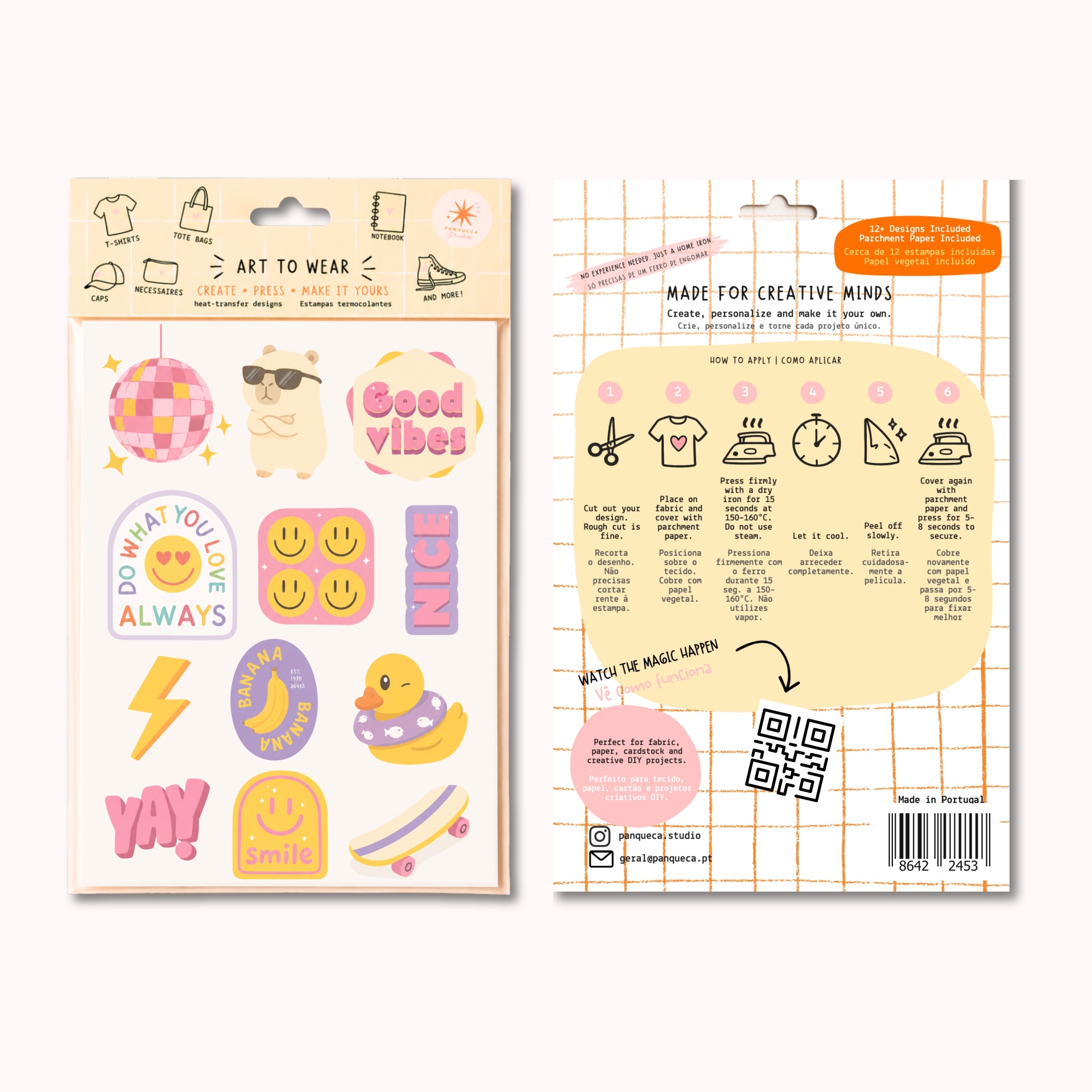 Pacote de autocolantes termotransferíveis com desenhos coloridos e texto, vista frontal e traseira da embalagem.