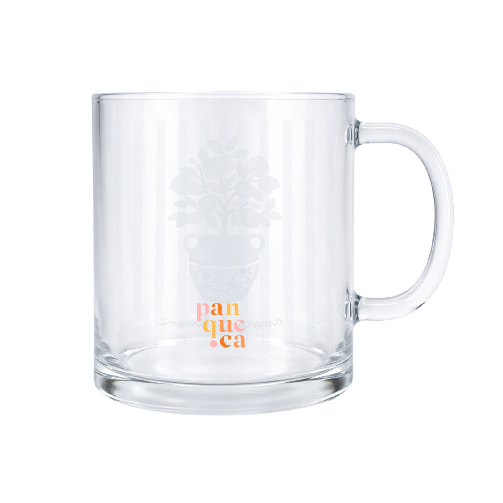 Caneca transparente de vidro com ilustração de vaso com planta e texto colorido