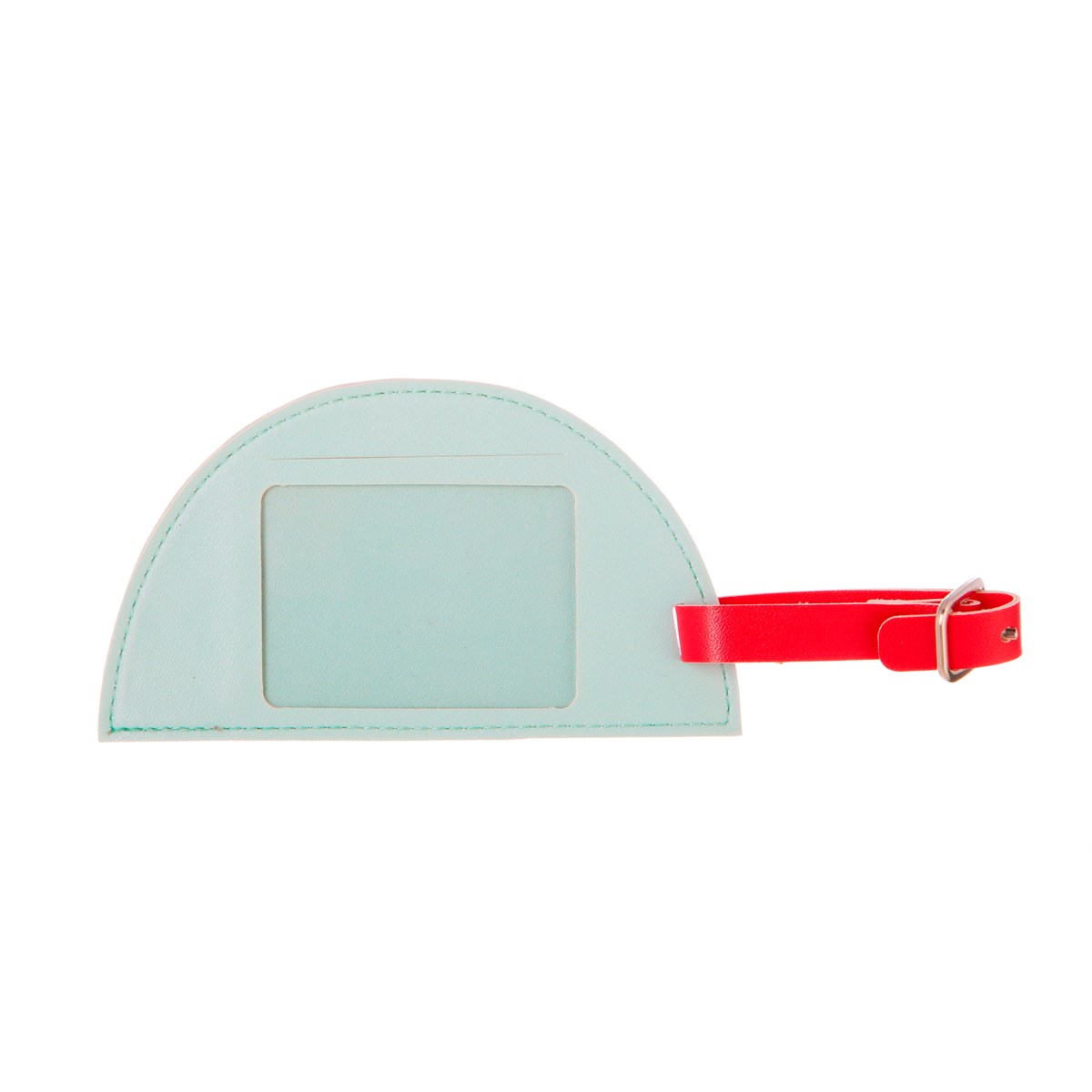 Etiqueta azul claro com fecho vermelho e janela transparente