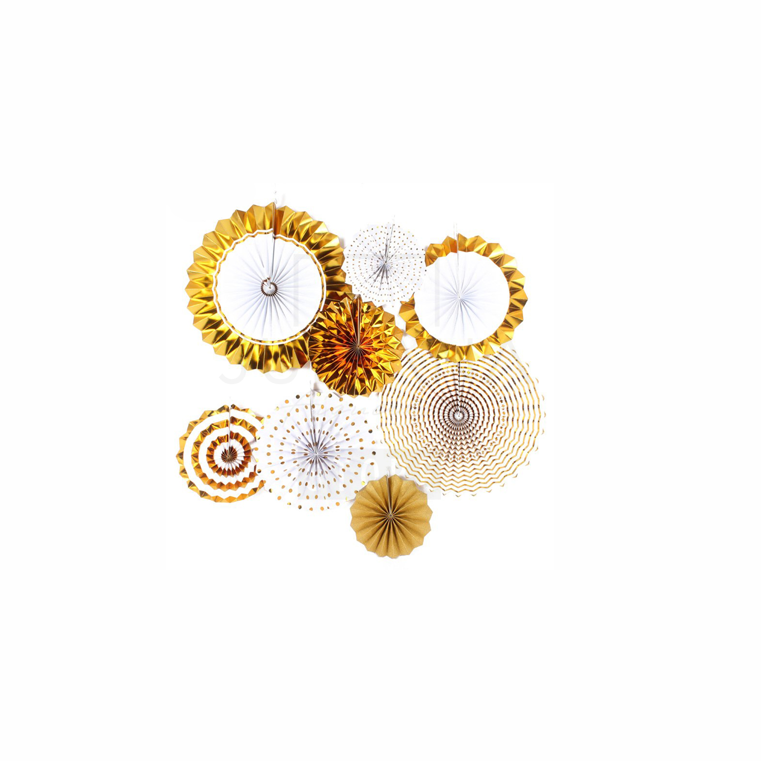 Leques decorativos de papel branco, dourado e castanho