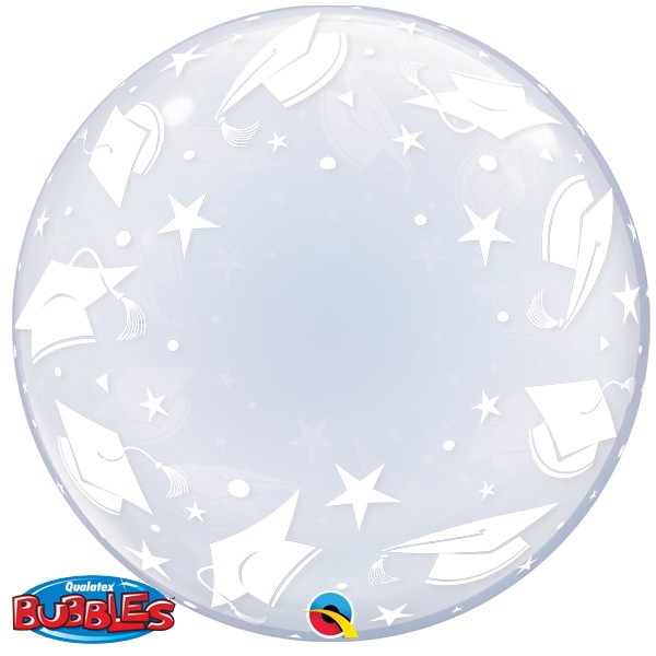 Balão transparente com chapéus de formatura e estrelas brancas