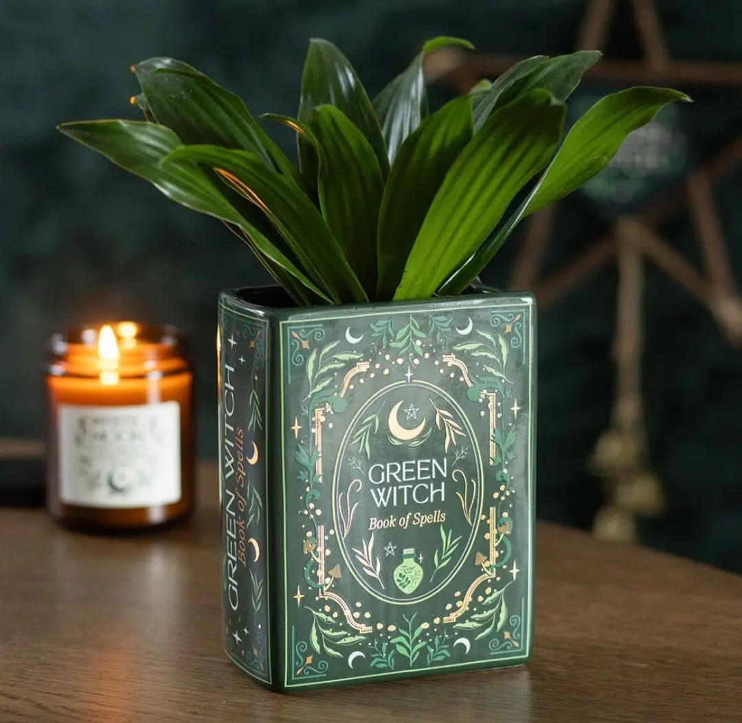 Vaso decorativo em forma de livro verde com planta e texto GREEN WITCH Book of Spells