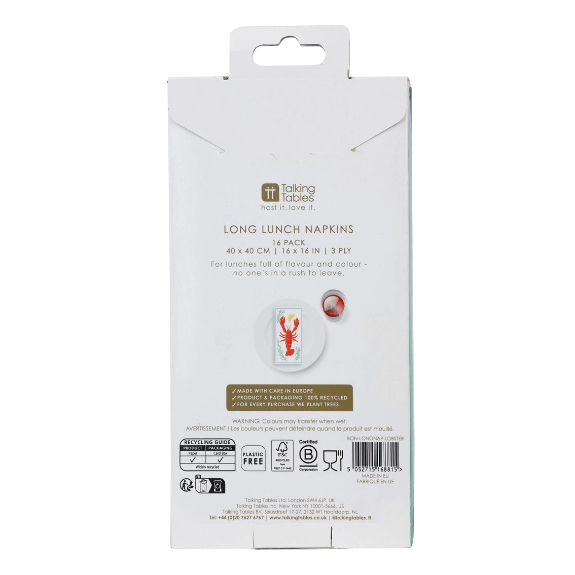 Embalagem branca de guardanapos Long Lunch com texto e código de barras.