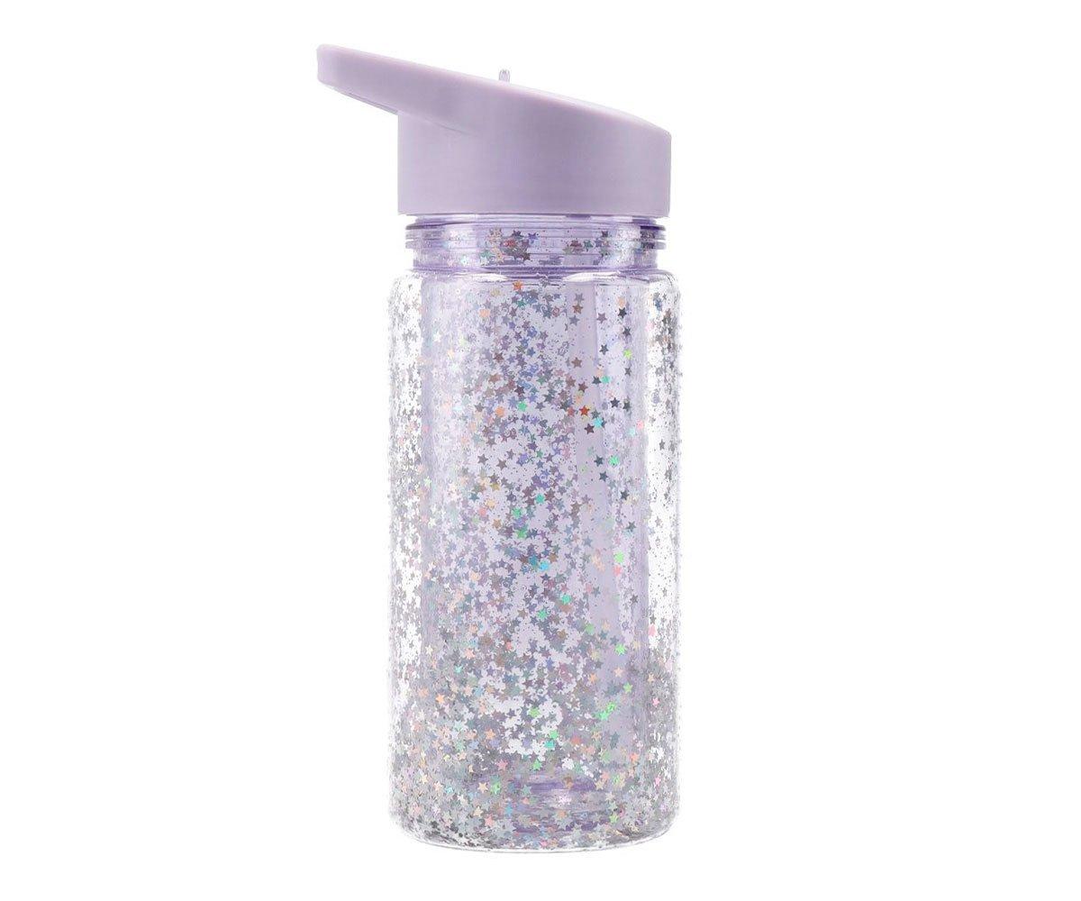 Garrafa de plástico transparente com glitter e tampa lilás