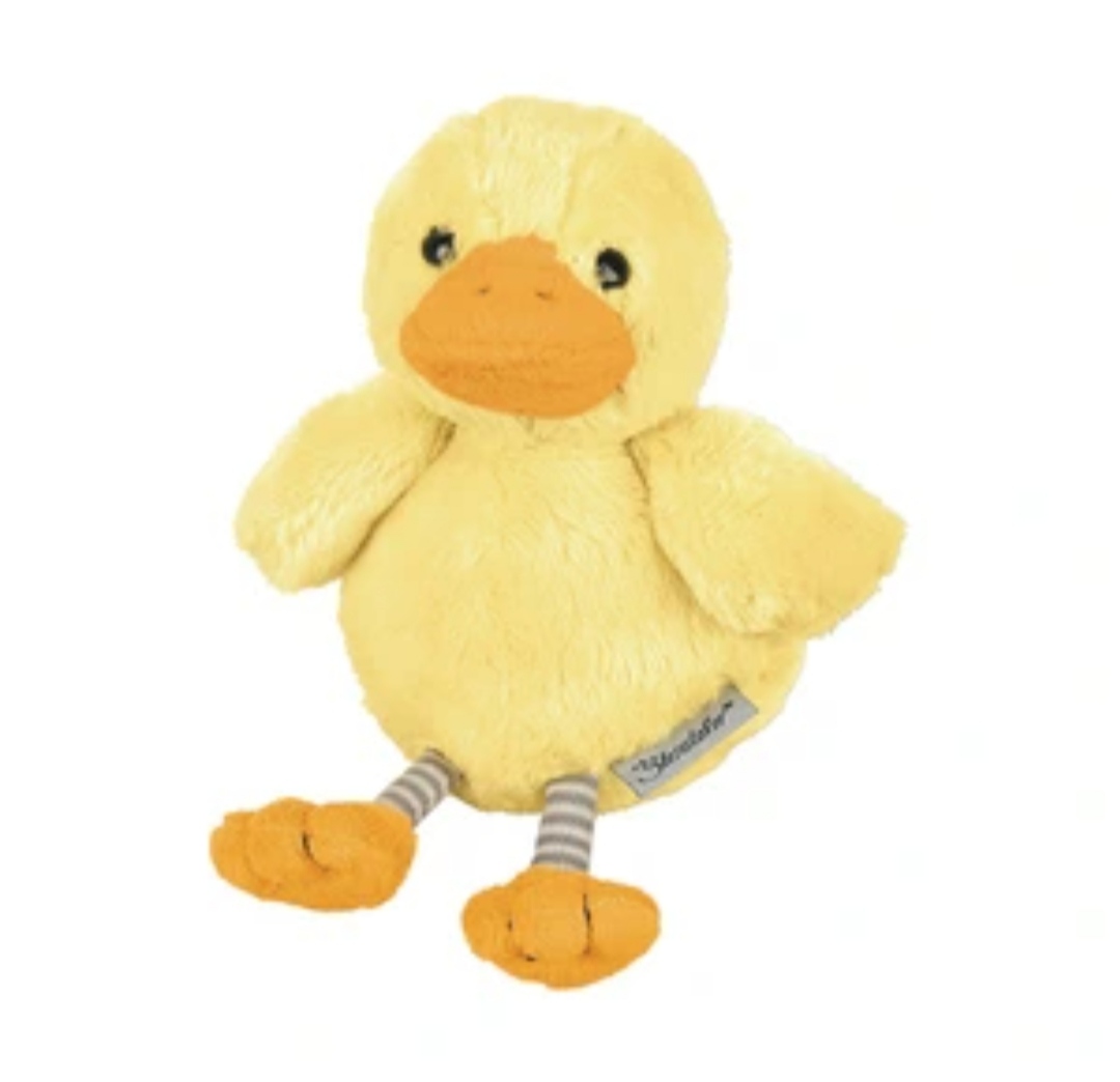 Pelúcia de pato amarelo com bico e pés laranja