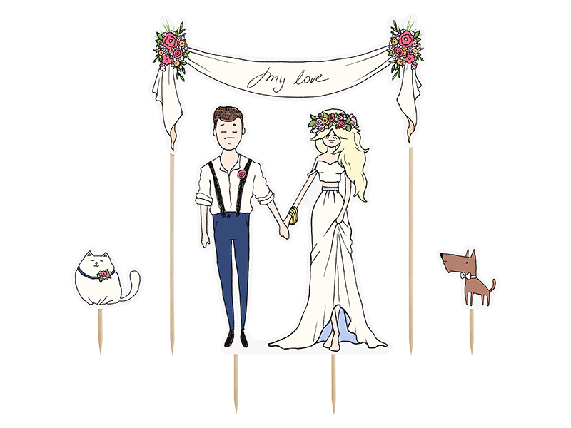 Toppers para bolos de casamento com noivo, noiva, gato, cão e faixa decorativa com texto.